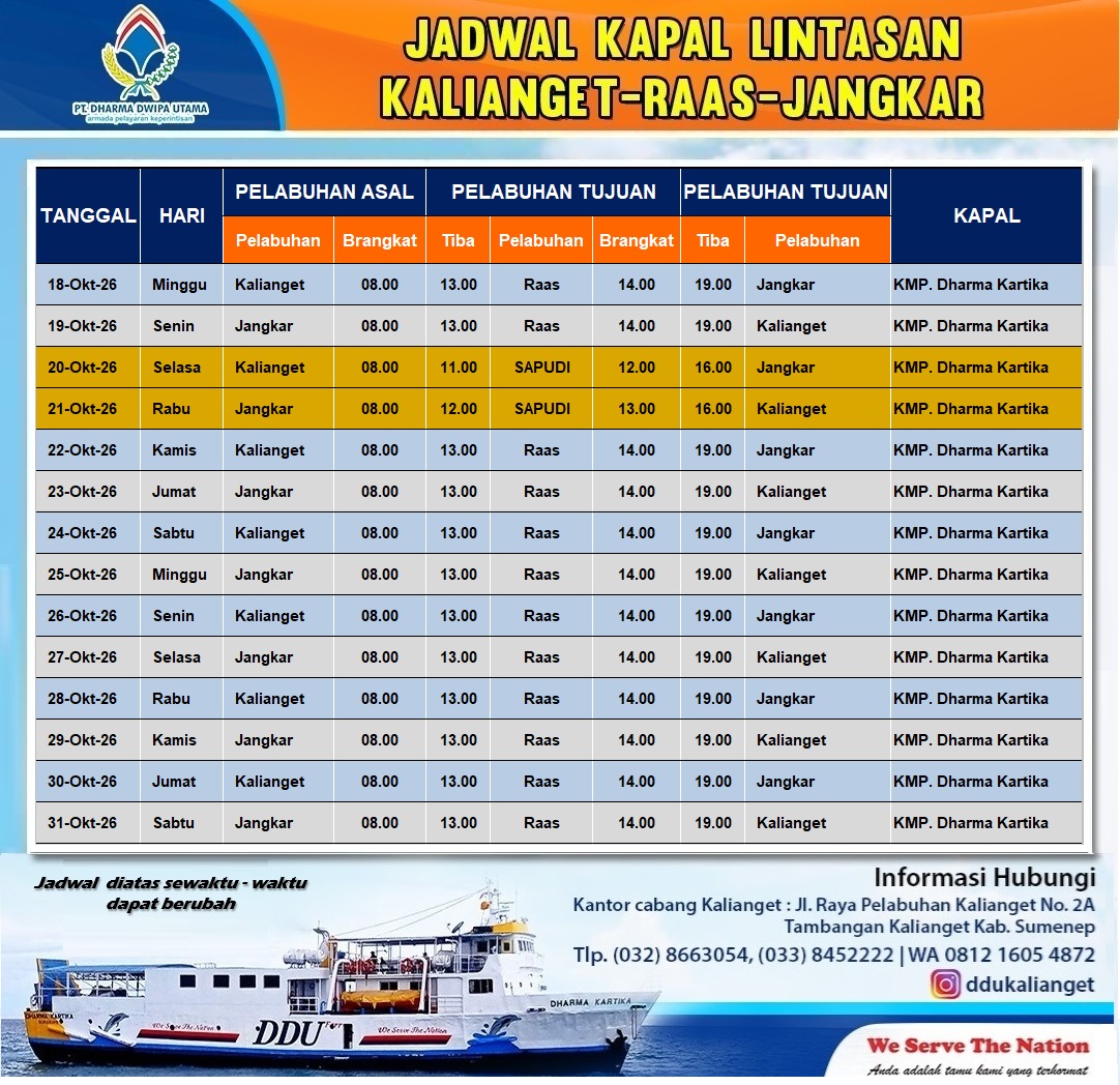 Jadwal Keberangkatan KMP. DHARMA KARTIKA 18-31 Oktober 2026